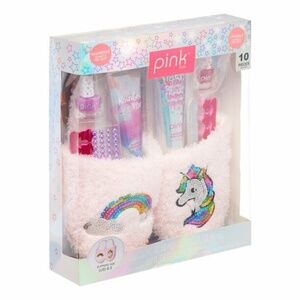 Pink Viva Women’s 10 Piece Bath Set Pink Sequin Rainbow Slippers Size 8.5